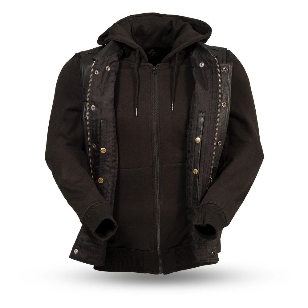 Mens leather shop vest with hood